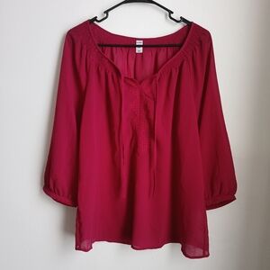 Old Navy Womens Top Plum Purple Color Sheer, Neck Tie Front Size Large.